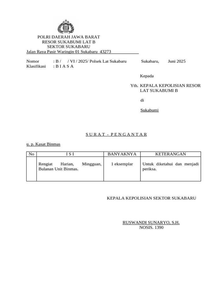 Surat Pengantar Rengiat Polsek Sukabaru | PDF