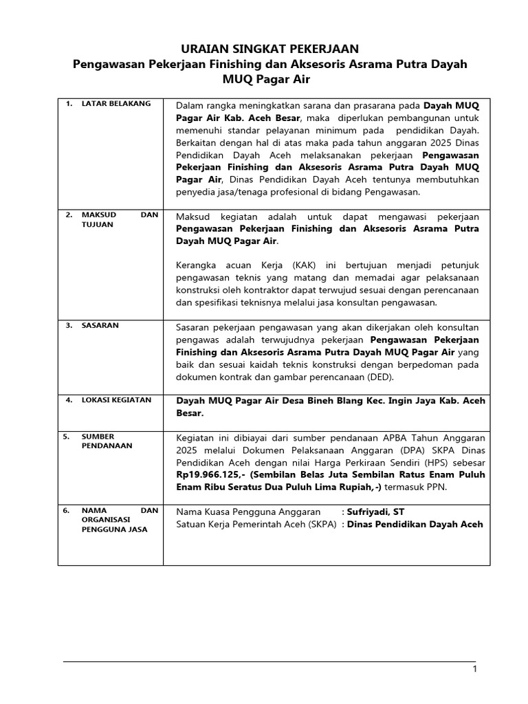 Pengawasan Finishing Asrama Dayah MUQ | PDF