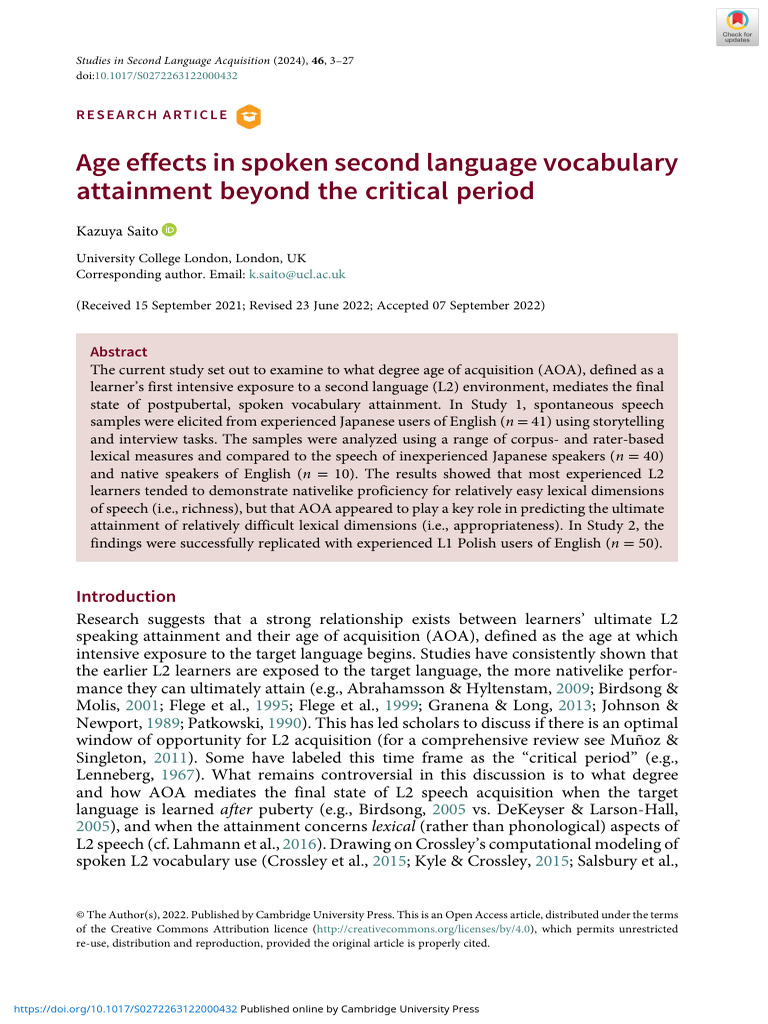 Age Effects on L2 Vocabulary Acquisition | PDF | Second Language ...