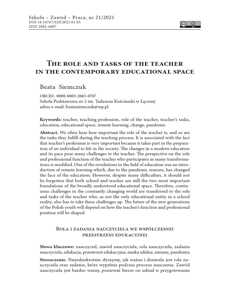 The Role and Tasks of The Teacher - Siemczuk | PDF | Teachers | Knowledge