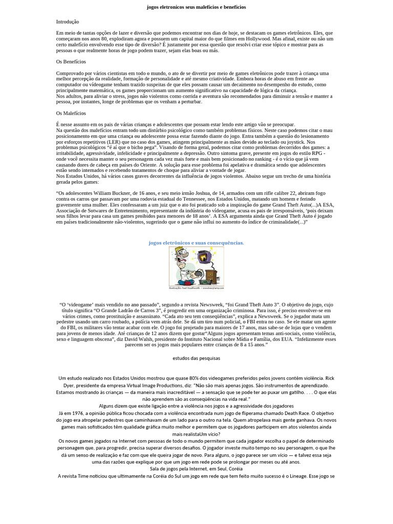 Benefícios e Malefícios dos Jogos Eletrônicos | PDF | Videogames ...