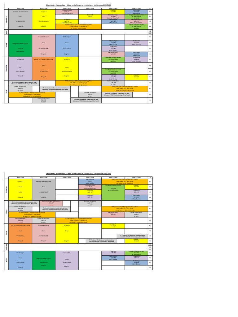 Emploi du temps 2ème et 3ème année Automatique | PDF | Technologies de ...