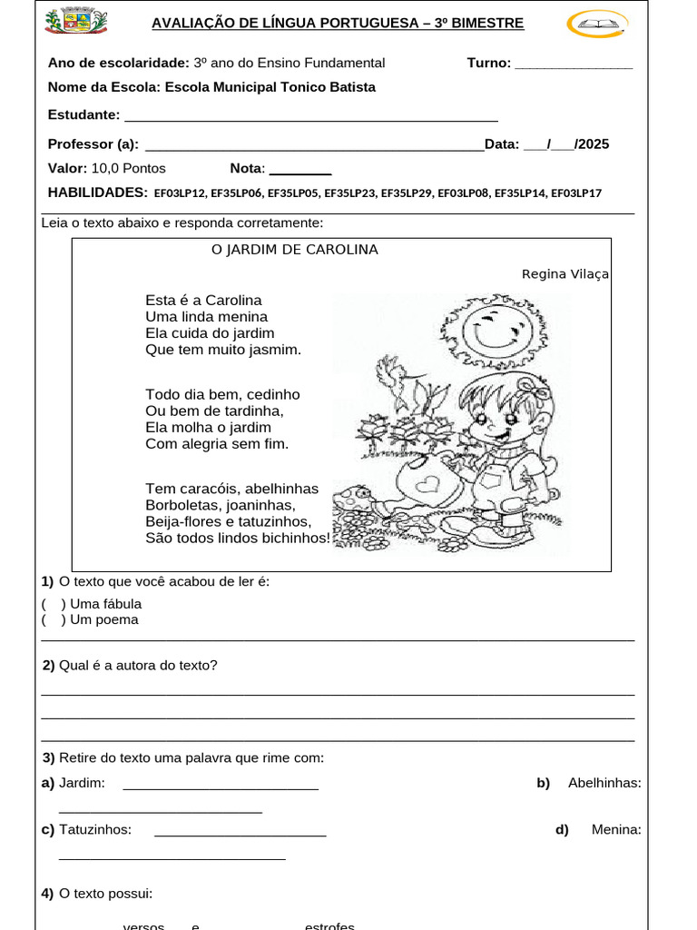 Avaliação de Língua Portuguesa 3º Ano | PDF