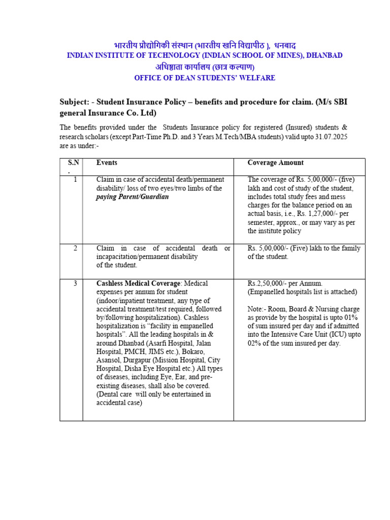 Student Insurance Policy Overview | PDF | Insurance | Hospital
