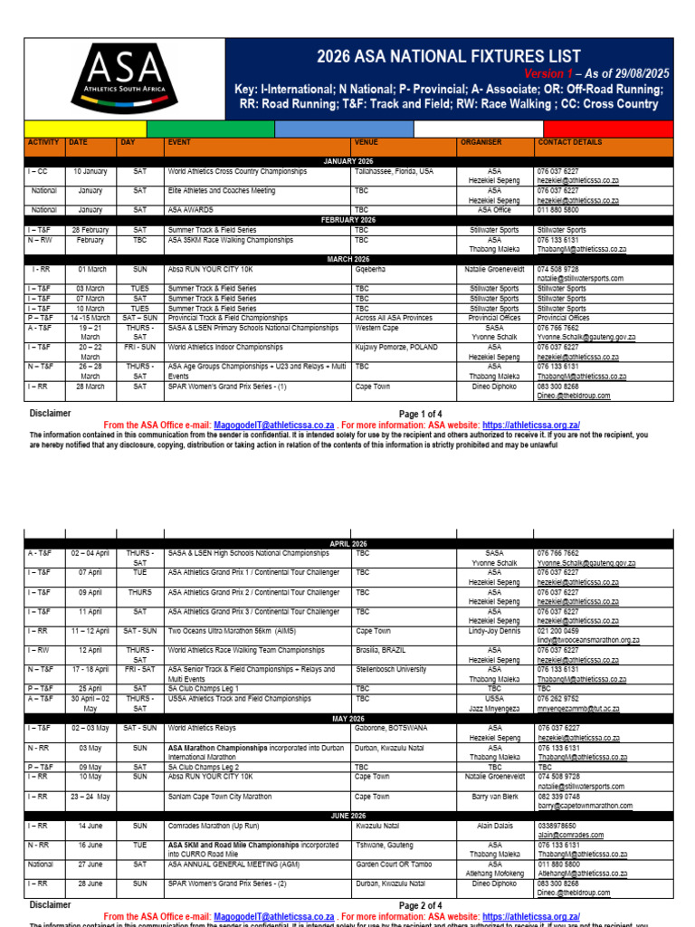 2026 ASA Fixtures List TF CC RR Incorporating SASA and USSA Ver. | PDF ...