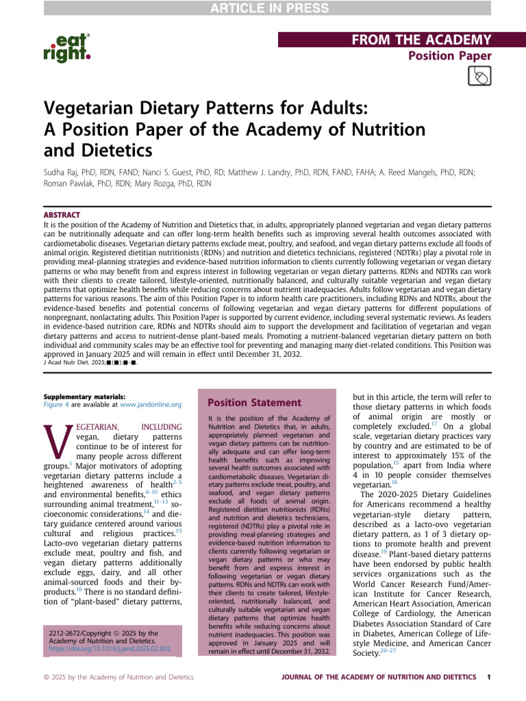 Vegetarian Dietary Patterns For Adults - A Position Paper of The ...