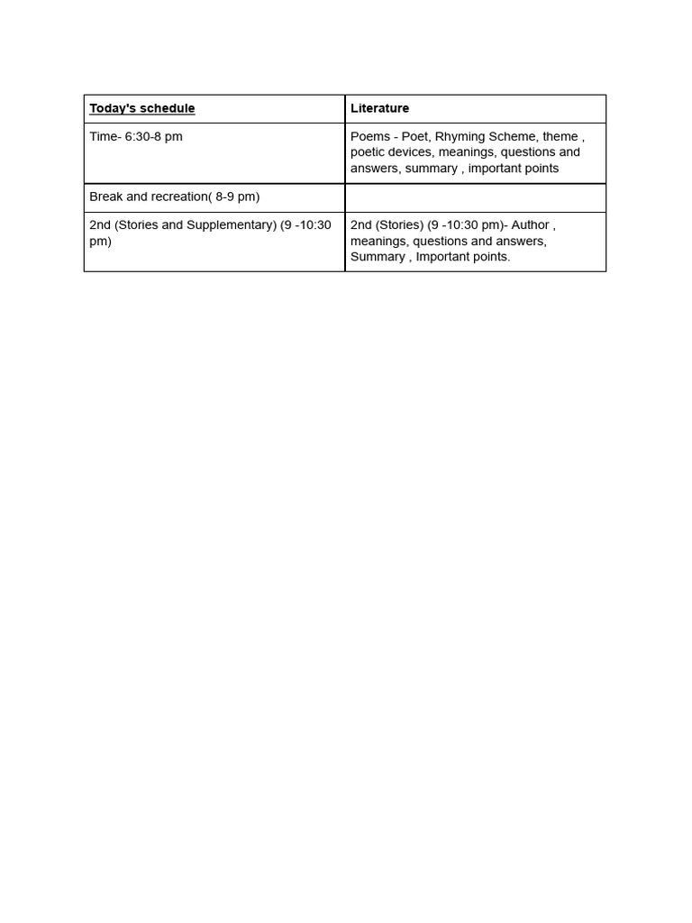 Literature Schedule: Poems & Stories | PDF