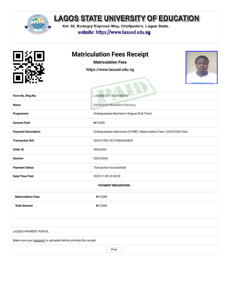 LASUED Matriculation Fees Receipt 2025 | PDF