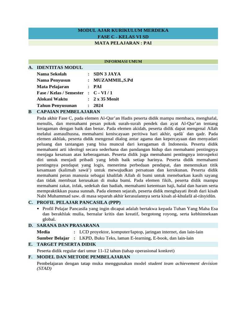 Modul Ajar PAI Kelas VI SD 2024 | PDF