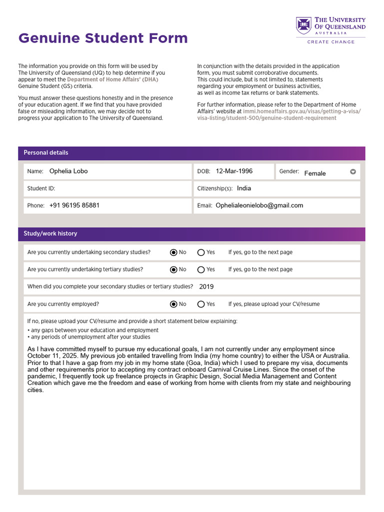 Genuine Student Form for UQ Application | PDF | Travel Visa