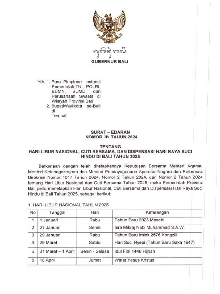 Surat Edaran Gubernur Bali Cuti Bersama 2025 | PDF