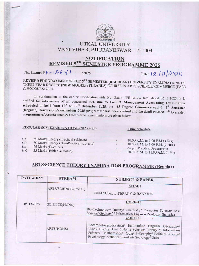Utkal University 5th Semester Exam Schedule | PDF | Science | Liberal ...