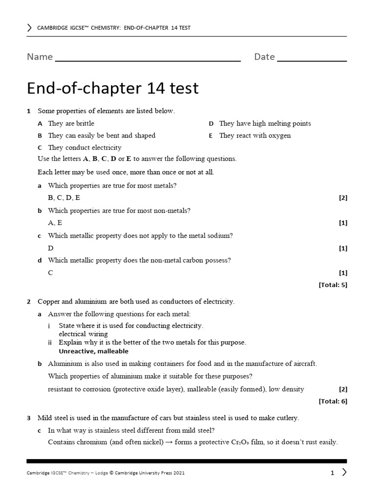 IGCSE Chemistry Chapter 14 Test | PDF | Metals | Stainless Steel