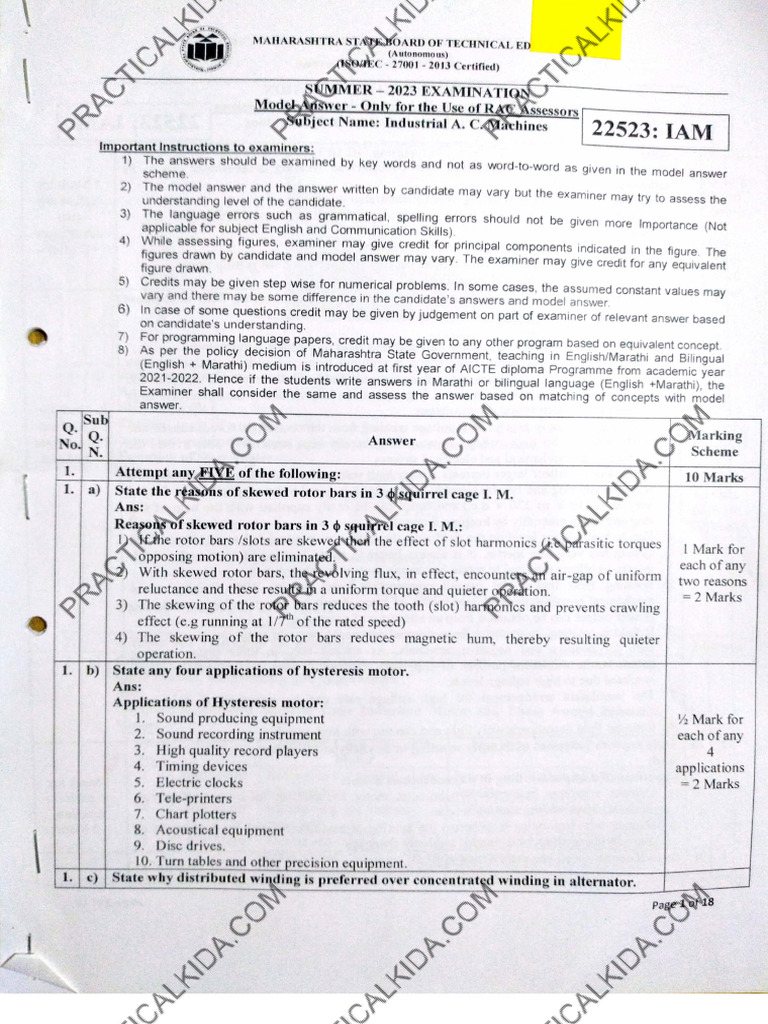 Industrial Ac Machines Summer 2023 Model Answer Paper | PDF