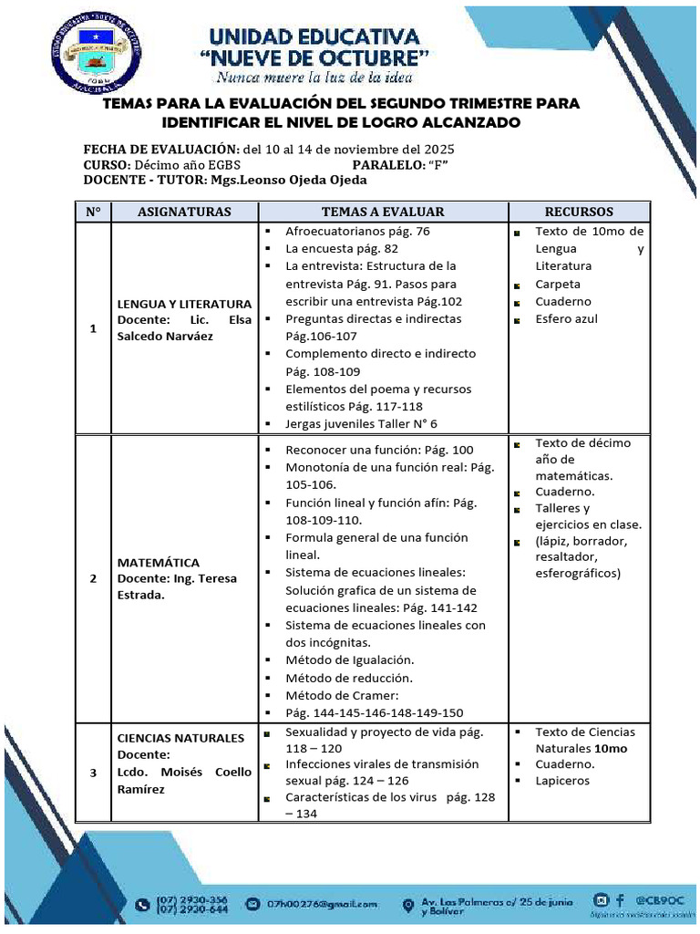 Evaluación Segundo Trimestre 10mo EGBS | PDF