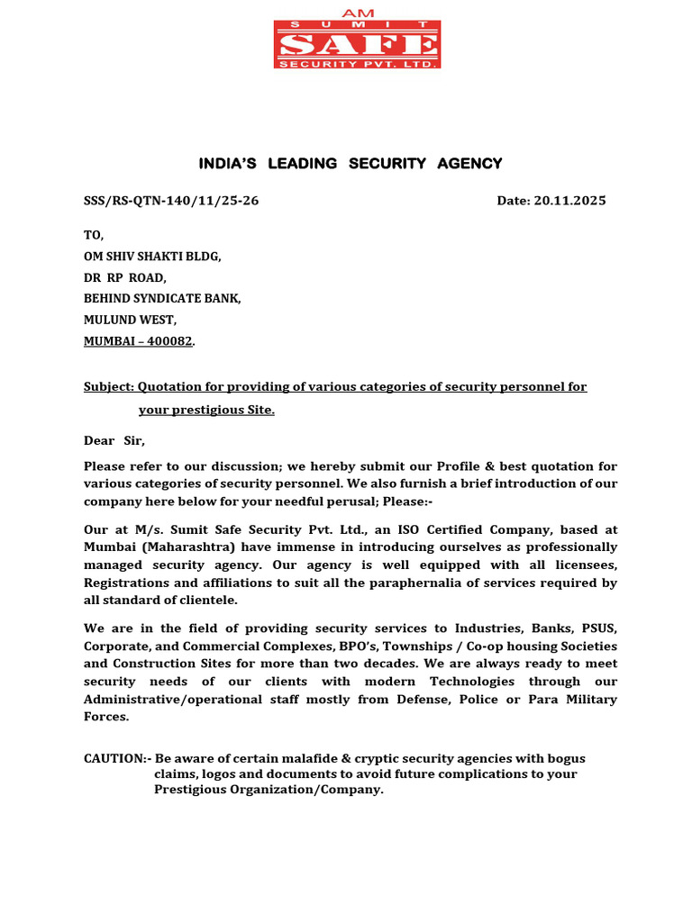 Security Personnel Quotation - Sumit Safe | PDF | Private Law | Business