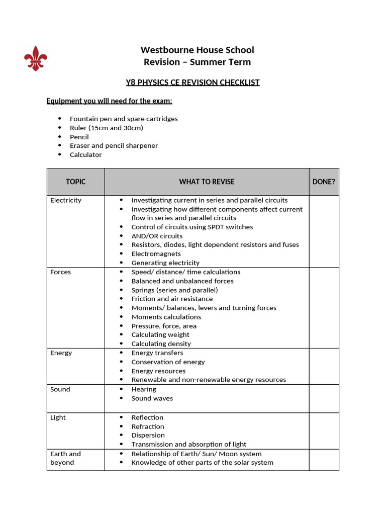 Yr 8 Physics Revision Checklist Summer | PDF | Force | Light