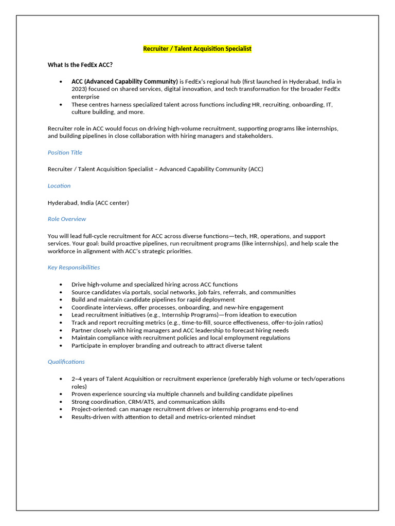 JD - Talent Acquisition Specialist - FedEx ACC | PDF