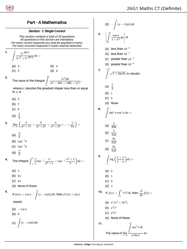 Mathematics Integral Questions Exam | PDF | Mathematics