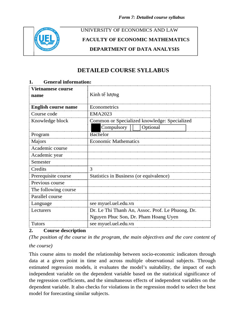 Econometrics Course Syllabus EMA2023 | PDF | Regression Analysis ...
