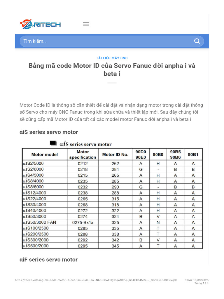 Bảng Mã Code Motor ID Của Servo Fanuc Đời Anpha I Và Beta I | PDF