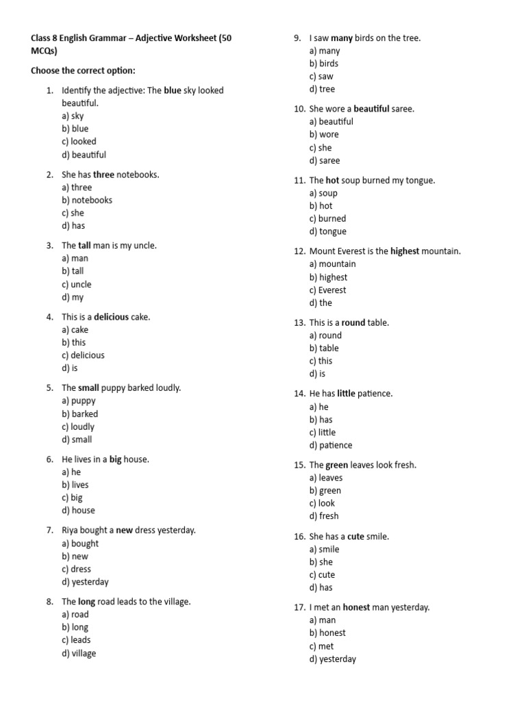 Class 8 Adjective MCQ Worksheet | PDF | Chess Theory | Chess