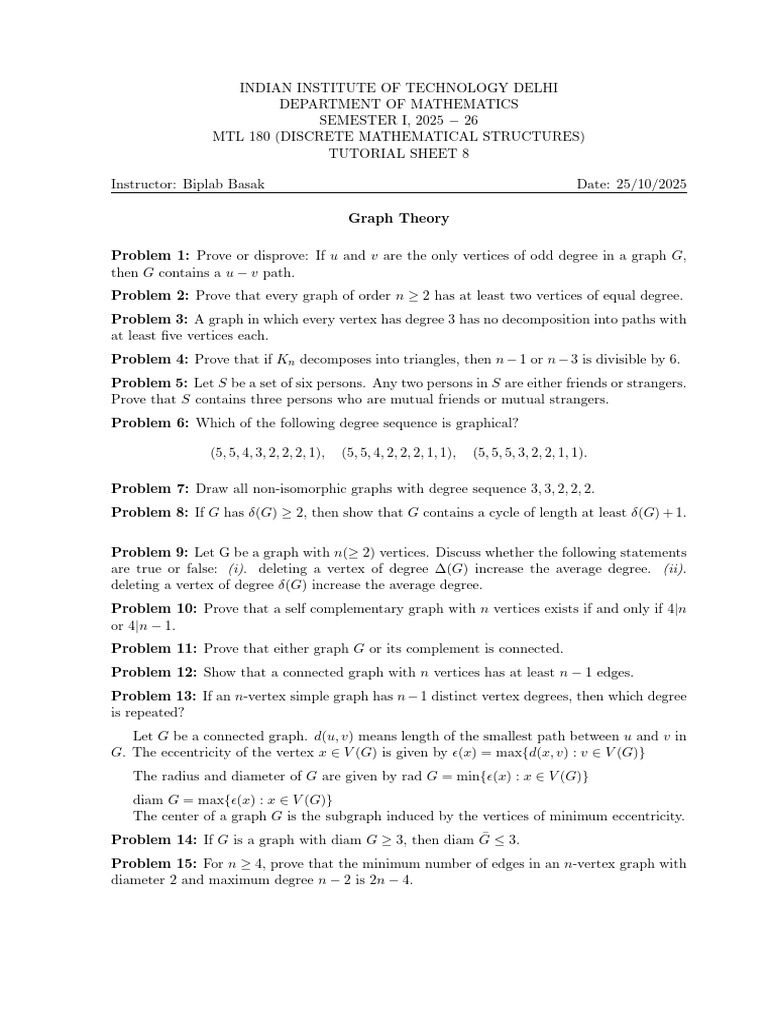 Discrete Math Graph Theory Problems | PDF | Vertex (Graph Theory ...