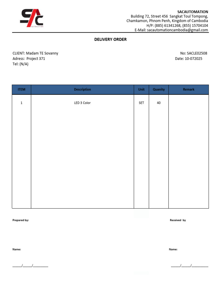 Delivery Order for LED 3 Color Sets | PDF