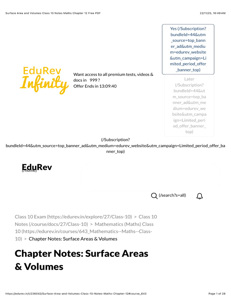 Class 10 Surface Area & Volume Notes | PDF | Sphere | Area