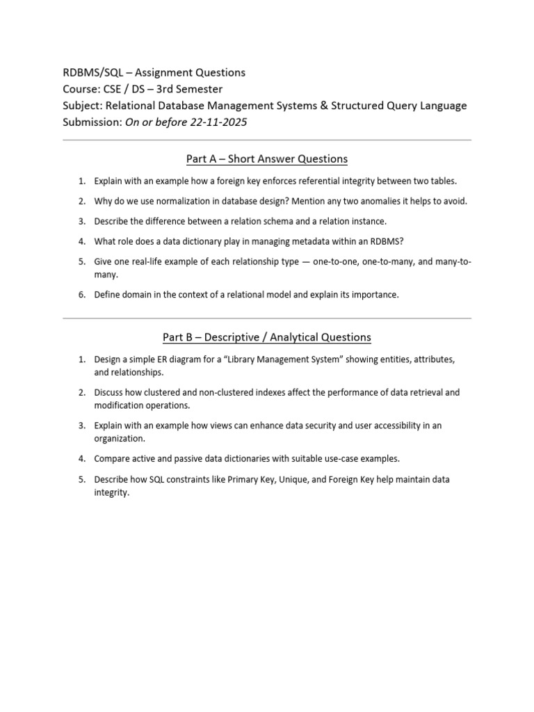 RDBMS SQL Assignment Questions Guide | PDF