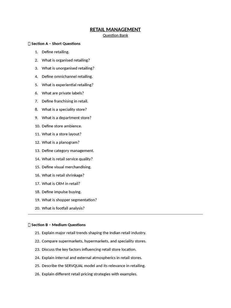 Retail Management Question Bank Guide | PDF | Retail | Supermarket