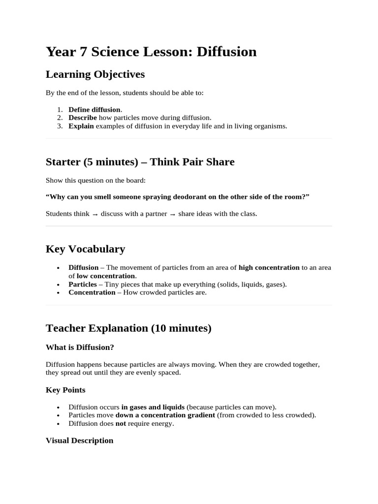Year 7 Science Lesson - Difussion | PDF | Diffusion | Water