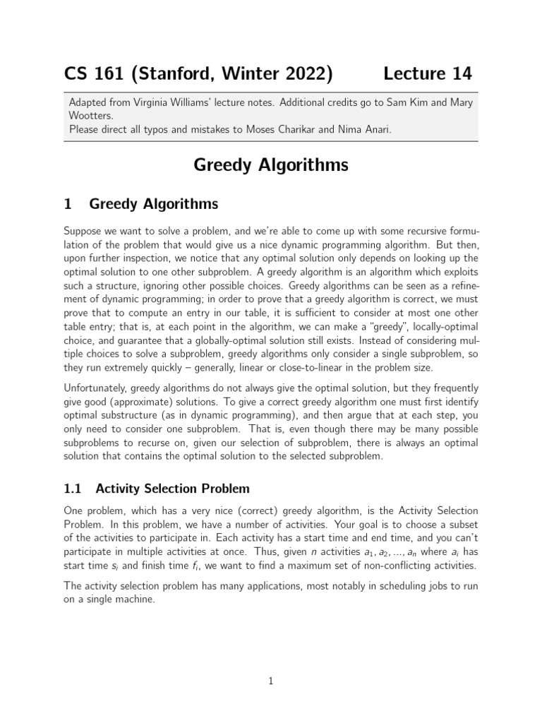Greedy Algorithms in CS 161 Lecture | PDF | Dynamic Programming ...