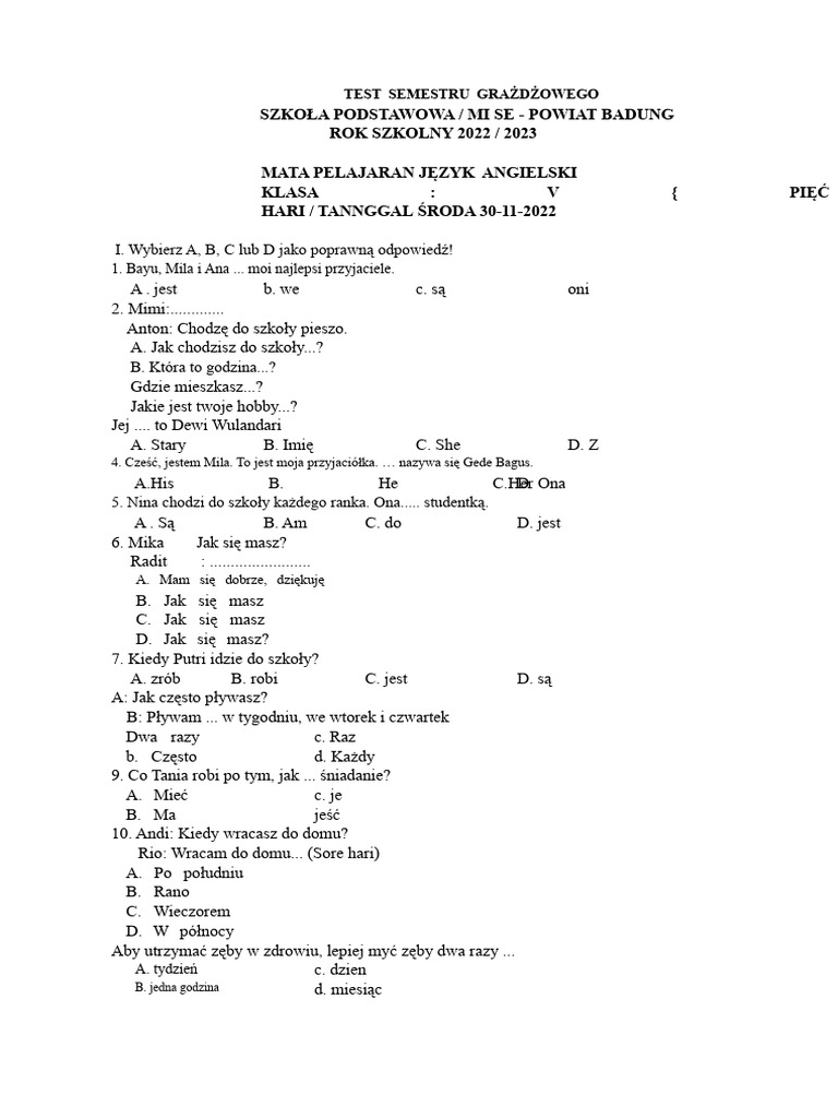 Test Sumatywny KLS 5 Semestr 1 Język Angielski | PDF