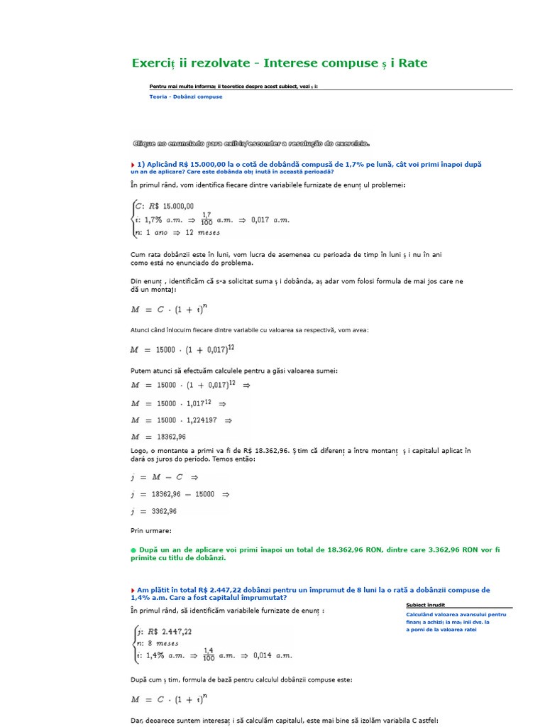 Dobânzi Compuse - Exerciții Rezolvate - Matematică Didactică | PDF