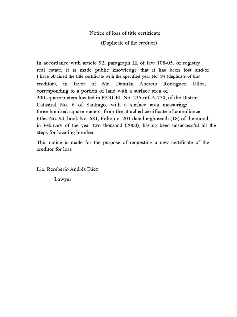 Notice of Lost Title Certificate | PDF