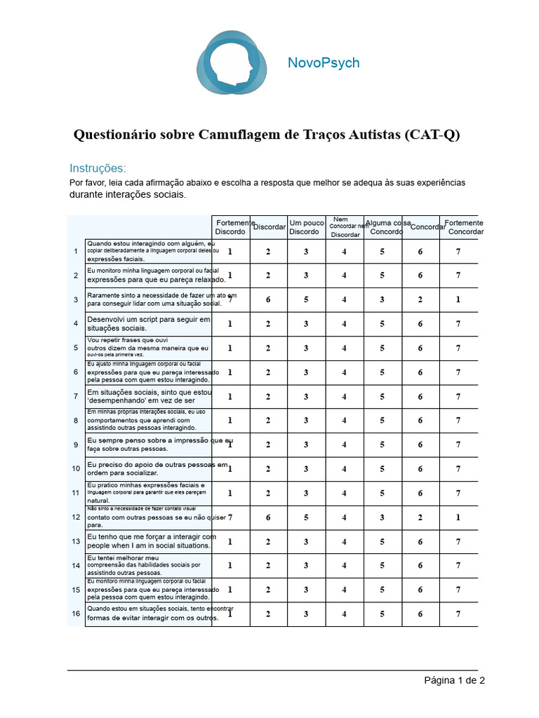 Questionário CAT-Q sobre Camuflagem Autista | PDF | Autismo | Linguagem ...
