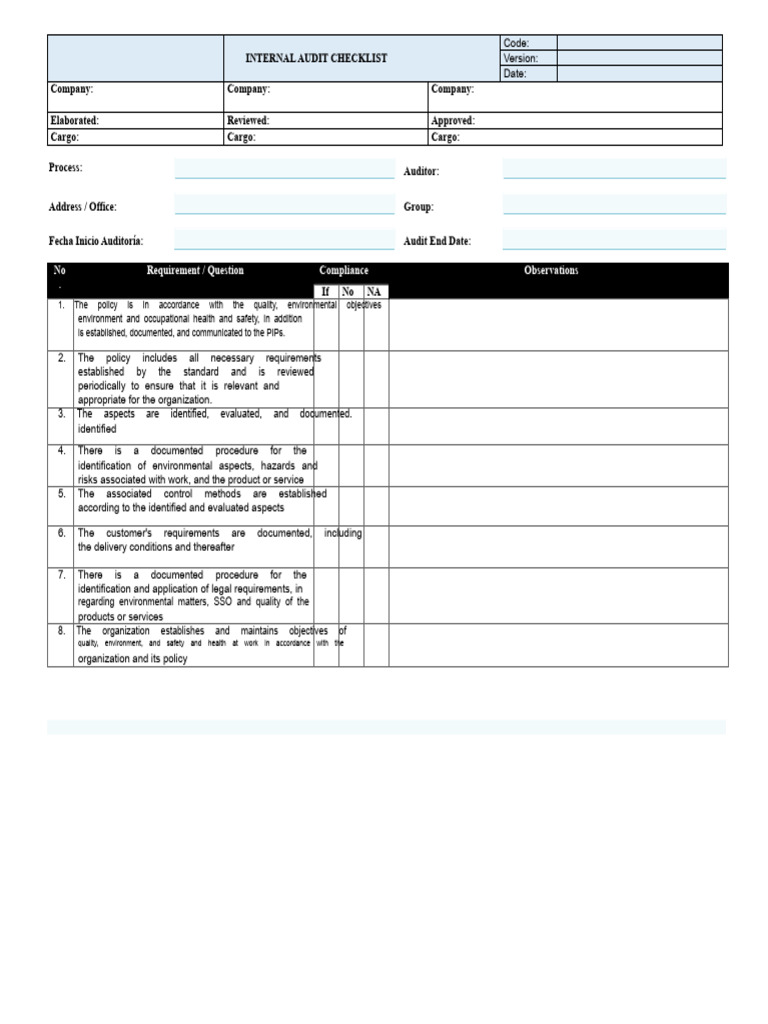 Internal Audit Checklist Template | PDF | Audit | Internal Audit