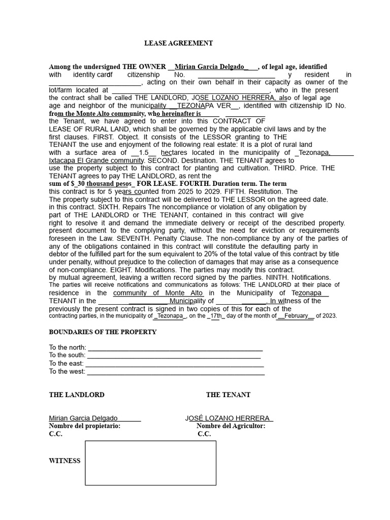 Format 5. Rural Land Lease Contract Model | PDF | Lease | Leasehold Estate