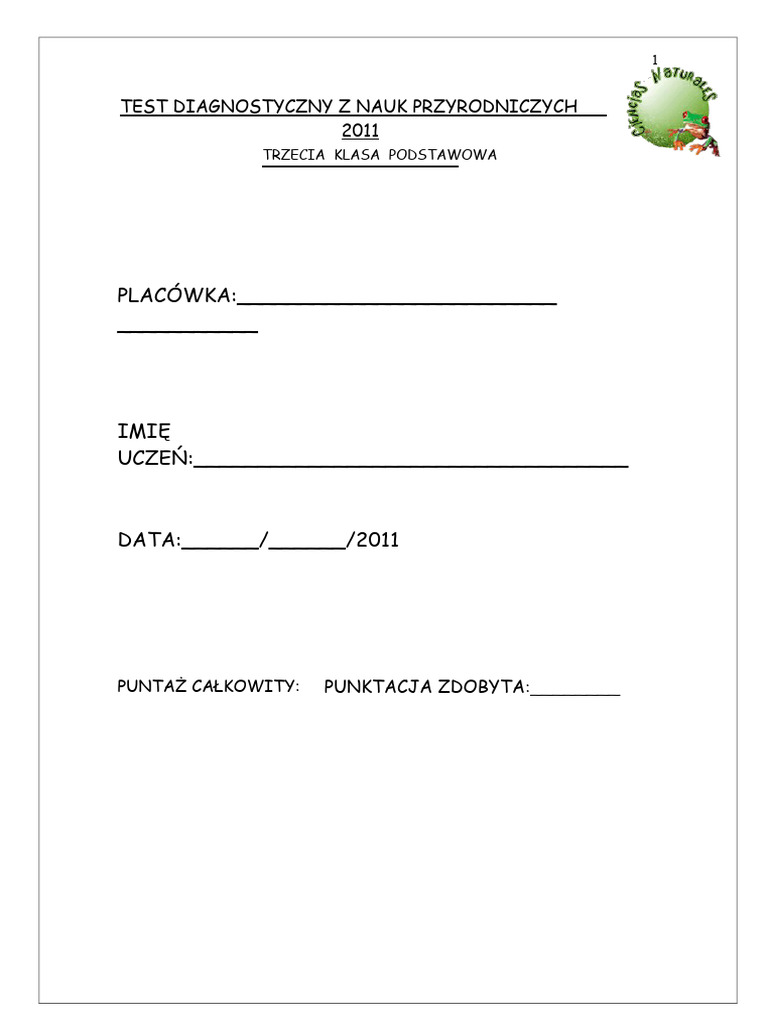 TEST DIAGNOSTYCZNY Z PRZEDMIOTU NAUKI PRZYRODNICZE 2011.docx2 | PDF