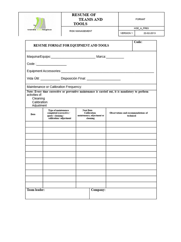 Hse - A - FR63 - Equipment and Tools Life Sheet | PDF