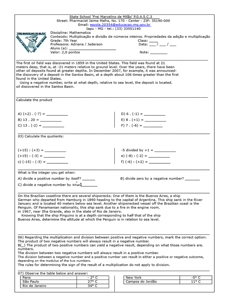 7th Grade Math Worksheet on Integers | PDF | Mathematics | Arithmetic