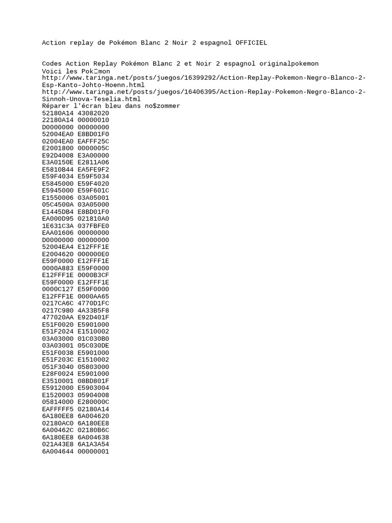 Codes Action Replay Pokémon Noir 2 Blanc 2 | PDF | Pokémon | Nintendo