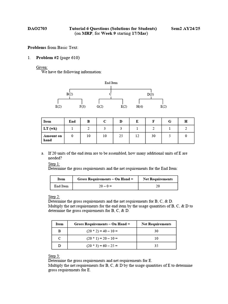 MRP Solutions for DAO2703 Tutorial 6 | PDF