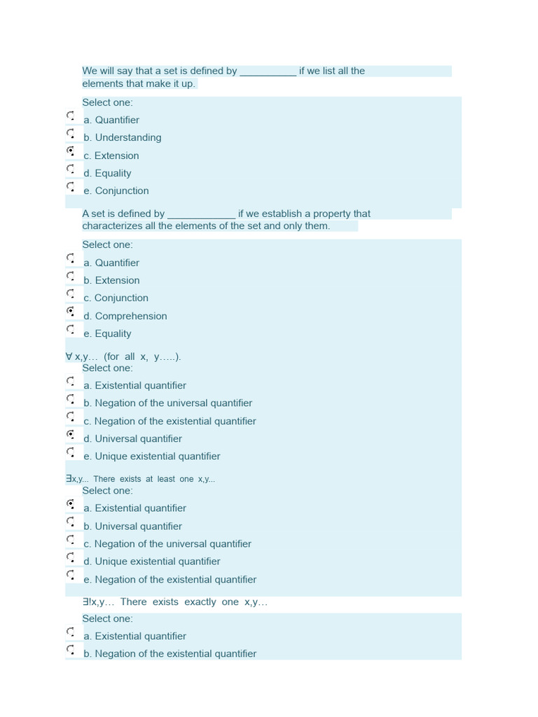 Set Theory and Quantifiers Quiz | PDF