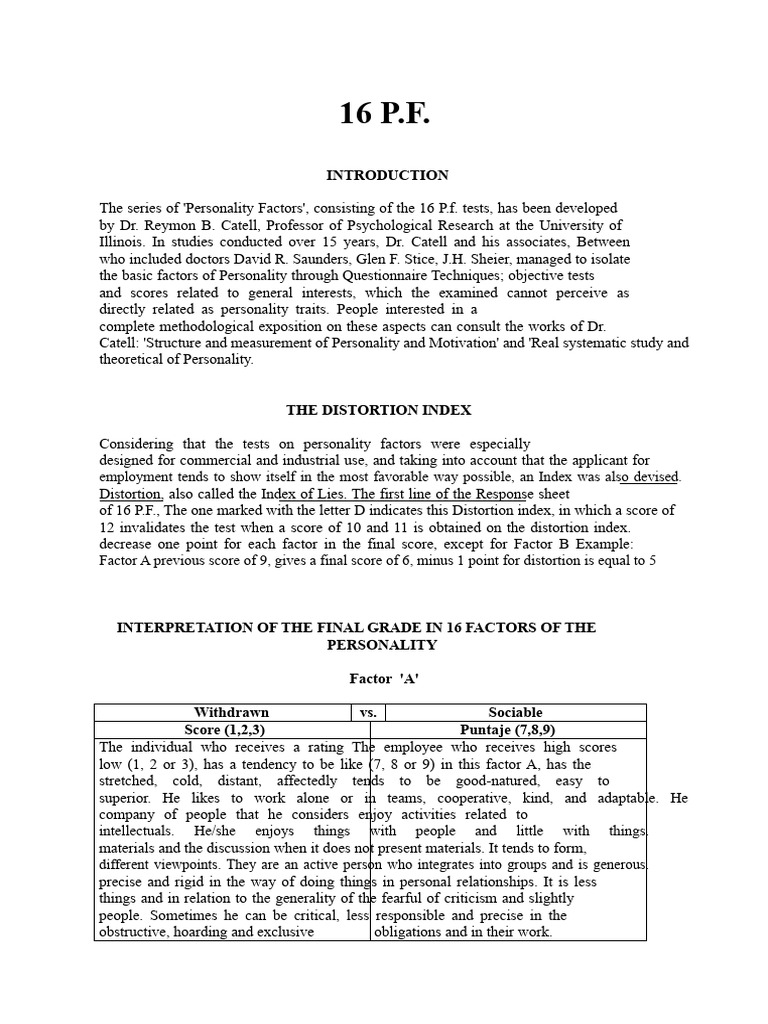 Interpretation Manual 16-PF Cattell | PDF | Psychology | Psychological ...
