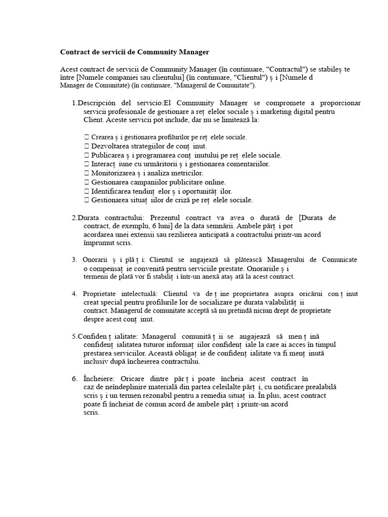 Contract de Servicii de Community Manager | PDF