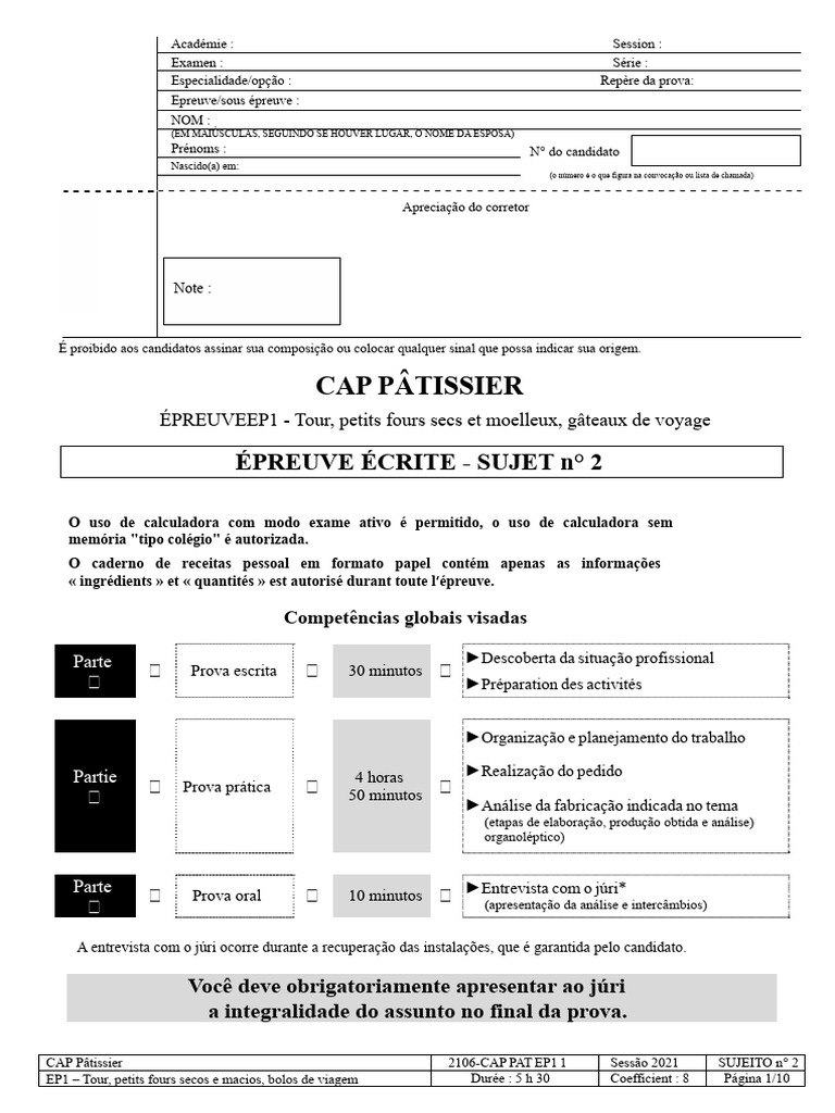 Prova Prática CAP Pâtissier 2021 | PDF