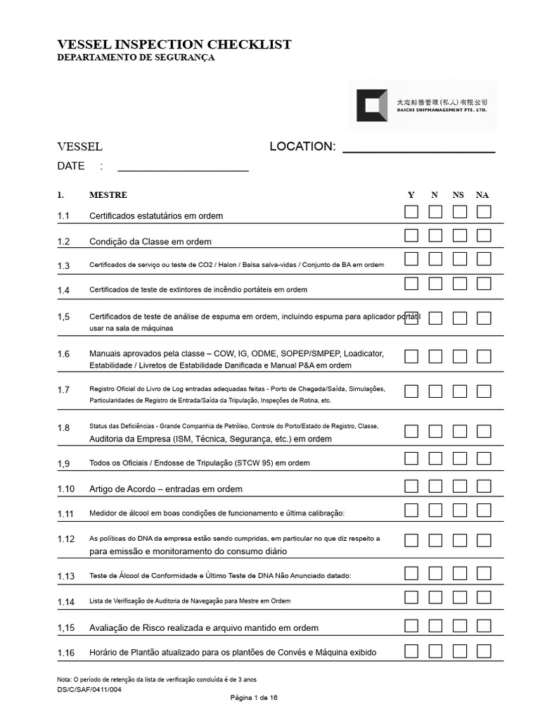 Checklist de Inspeção de Embarcações | PDF | Bomba | Válvula