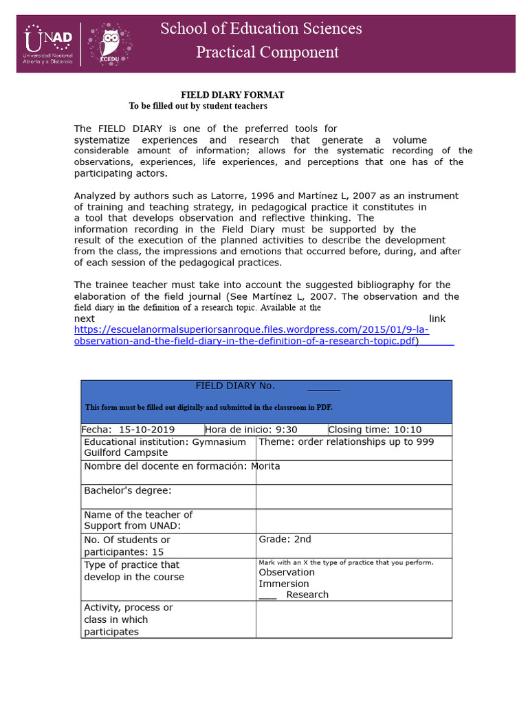 Field Diary Format for Student Teachers | PDF | Pedagogy | Teachers